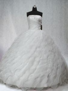 Sophisticated Brush Train Ball Gowns Quince Ball Gowns White Strapless Organza Sleeveless Lace Up