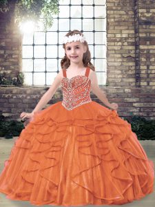  Orange Red Lace Up Straps Beading and Ruffles Little Girl Pageant Dress Tulle Sleeveless