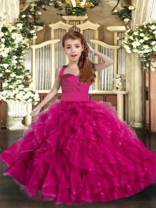 Amazing Fuchsia Ball Gowns Tulle Straps Sleeveless Ruffles Floor Length Lace Up Pageant Gowns For Girls