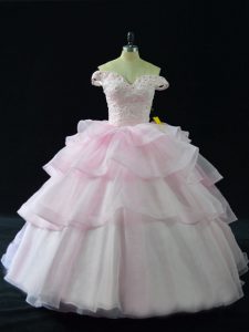 Fabulous Pink Lace Up Sweet 16 Quinceanera Dress Beading and Ruffled Layers Sleeveless Brush Train