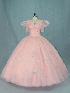  V-neck Short Sleeves Ball Gown Prom Dress Floor Length Beading Peach Organza