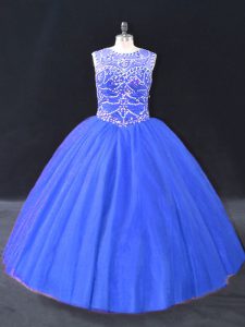  Sleeveless Floor Length Beading Lace Up Ball Gown Prom Dress with Blue