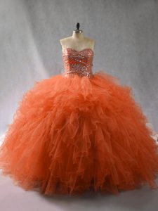  Orange Red Ball Gowns Sweetheart Sleeveless Tulle Floor Length Lace Up Beading and Ruffles 15 Quinceanera Dress