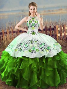  Floor Length Green Sweet 16 Quinceanera Dress Halter Top Sleeveless Lace Up