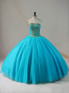 Pretty Blue Lace Up Strapless Beading Quinceanera Gowns Tulle Sleeveless