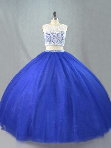  Royal Blue Sleeveless Lace Floor Length Sweet 16 Dress