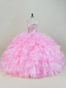 Excellent Baby Pink Ball Gowns Sweetheart Sleeveless Organza Floor Length Lace Up Beading and Ruffles Quinceanera Dresses