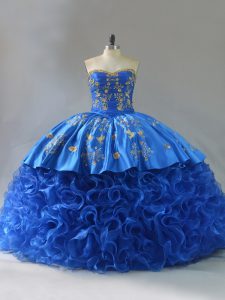 Pretty Royal Blue Sleeveless Embroidery and Ruffles Lace Up Sweet 16 Quinceanera Dress