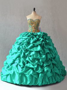  Turquoise Taffeta Lace Up Sweet 16 Dress Sleeveless Brush Train Beading and Pick Ups