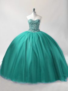 Glorious Floor Length Lace Up Quinceanera Dresses Turquoise for Sweet 16 and Quinceanera with Beading