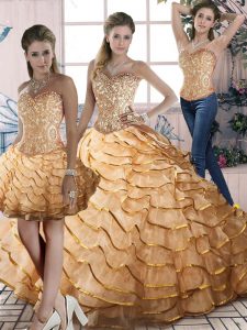 Latest Gold Sweetheart Lace Up Beading and Ruffles Quinceanera Dresses Brush Train Sleeveless