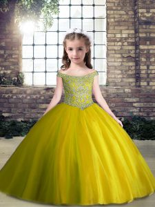 Latest Olive Green Off The Shoulder Neckline Beading Kids Formal Wear Sleeveless Lace Up
