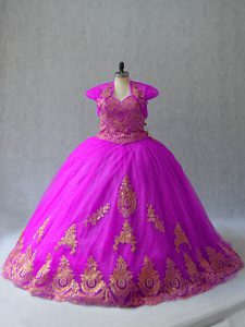 Traditional Fuchsia Sleeveless Tulle Court Train Lace Up 15 Quinceanera Dress