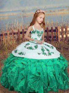  Turquoise Sleeveless Embroidery and Ruffles Floor Length Child Pageant Dress