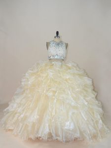 Zipper Vestidos de Quinceanera Champagne for Sweet 16 and Quinceanera with Beading and Lace Brush Train