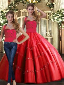  Sleeveless Floor Length Appliques Lace Up Quinceanera Dress with Red