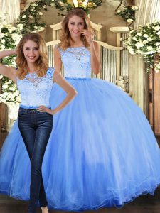 New Arrival Sleeveless Tulle Floor Length Clasp Handle Quinceanera Dresses in Blue with Lace