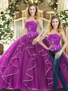 Vintage Sleeveless Beading and Ruffles Lace Up Quinceanera Dress with Purple