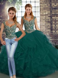 Dramatic Straps Sleeveless Lace Up Sweet 16 Dresses Peacock Green Tulle