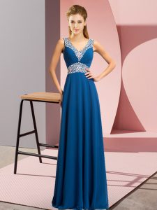 Noble Blue Chiffon Lace Up Prom Evening Gown Sleeveless Floor Length Beading