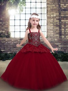  Tulle Straps Sleeveless Zipper Beading Little Girls Pageant Gowns in Red