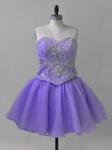  Lavender Organza Lace Up Prom Dress Sleeveless Mini Length Beading