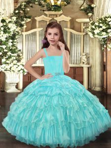 Aqua Blue Organza Lace Up Straps Sleeveless Floor Length Little Girl Pageant Dress Ruffled Layers