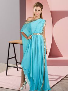 Modest Aqua Blue Chiffon Side Zipper One Shoulder Sleeveless Asymmetrical Dress for Prom Sequins