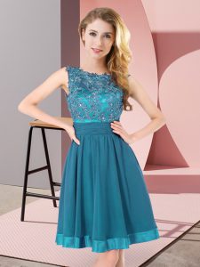 Comfortable Teal Chiffon Backless Scoop Sleeveless Mini Length Quinceanera Dama Dress Beading and Appliques