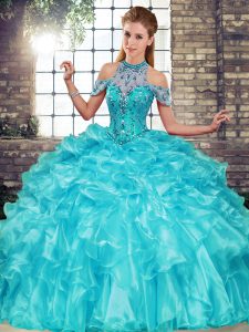 Affordable Sleeveless Organza Floor Length Lace Up Quinceanera Gown in Aqua Blue with Beading and Ruffles