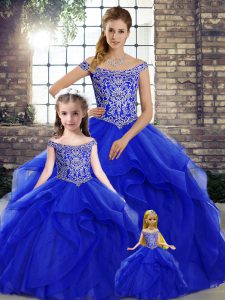 Exceptional Ball Gowns Sleeveless Royal Blue 15 Quinceanera Dress Brush Train Lace Up