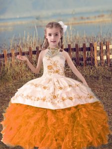  Orange Red Organza Lace Up Kids Formal Wear Sleeveless Floor Length Beading and Embroidery and Ruffles