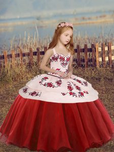  Red Straps Neckline Embroidery Little Girls Pageant Dress Wholesale Sleeveless Lace Up