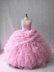  Pink Scoop Lace Up Beading and Ruffles 15 Quinceanera Dress Brush Train Sleeveless