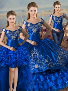  Royal Blue 15 Quinceanera Dress Sweet 16 and Quinceanera with Embroidery and Ruffled Layers Off The Shoulder Sleeveless Lace Up