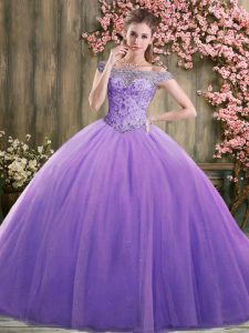 Spectacular Off The Shoulder Sleeveless Lace Up Quinceanera Gown Lavender Tulle