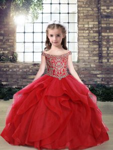Excellent Red Sleeveless Beading and Ruffles Floor Length Little Girls Pageant Dress Wholesale