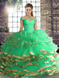 Hot Selling Turquoise Sleeveless Tulle Lace Up Quinceanera Dresses for Military Ball and Sweet 16 and Quinceanera