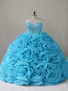  Baby Blue Fabric With Rolling Flowers Side Zipper Ball Gown Prom Dress Sleeveless Brush Train Beading
