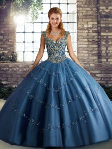 Deluxe Blue Lace Up 15th Birthday Dress Beading and Appliques Sleeveless Floor Length