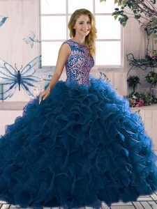 Hot Selling Royal Blue Ball Gowns Organza Scoop Sleeveless Beading and Ruffles Floor Length Lace Up Vestidos de Quinceanera