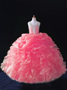  Beading and Ruffles and Pick Ups Child Pageant Dress Coral Red Zipper Sleeveless Floor Length