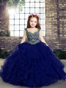 Beauteous Straps Sleeveless Little Girl Pageant Dress Floor Length Beading and Ruffles Blue Tulle