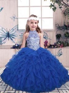  Ball Gowns Kids Formal Wear Blue High-neck Tulle Sleeveless Floor Length Lace Up