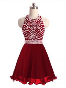 Most Popular Wine Red A-line Chiffon Halter Top Sleeveless Beading Mini Length Lace Up 