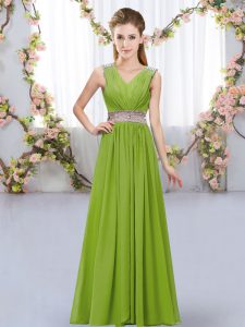 Customized Olive Green Lace Up Quinceanera Court Dresses Beading and Belt Sleeveless Floor Length