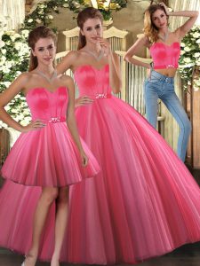 Spectacular Coral Red Three Pieces Beading Quinceanera Gown Lace Up Tulle Sleeveless Floor Length