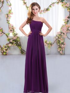 Super Dark Purple Chiffon Zipper One Shoulder Sleeveless Floor Length Court Dresses for Sweet 16 Ruching
