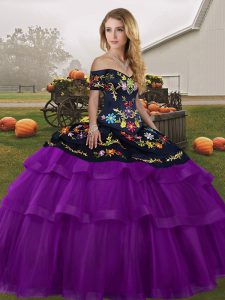  Black And Purple Tulle Lace Up 15th Birthday Dress Sleeveless Brush Train Embroidery and Ruffled Layers