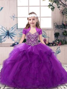  Beading and Ruffles Little Girls Pageant Dress Wholesale Purple Lace Up Sleeveless Floor Length